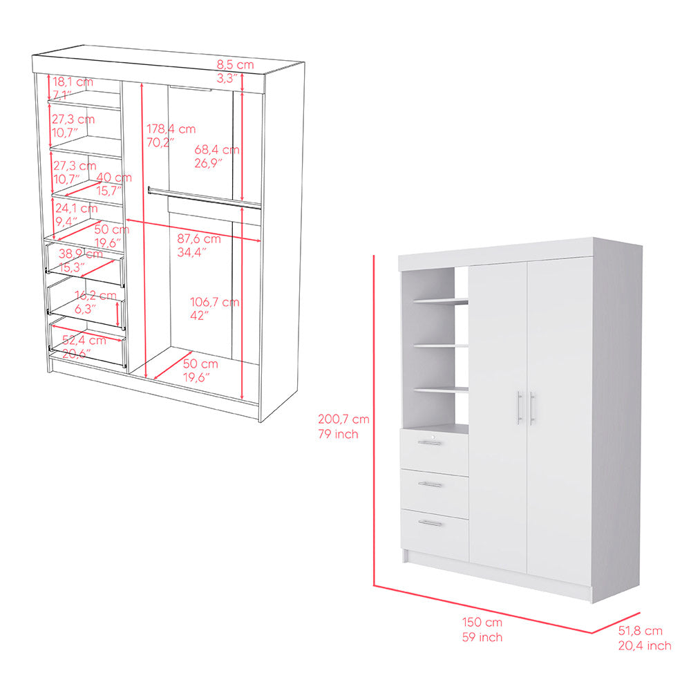 Karval 2 Piece Bedroom Set, Armoire + Nightstand, White Finish