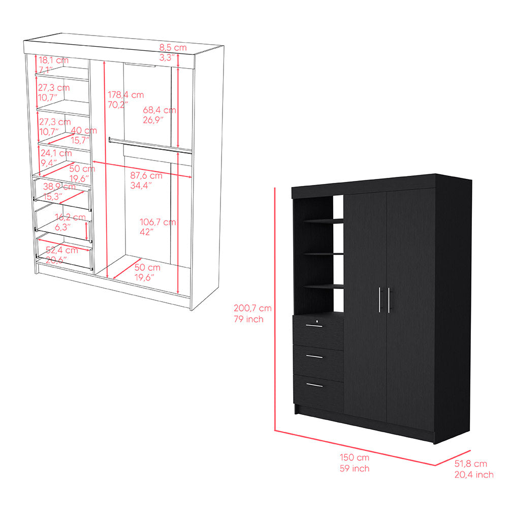 Peyton 2 Piece Bedroom Set, Armoire + Nightstand, Black Wengue Finish