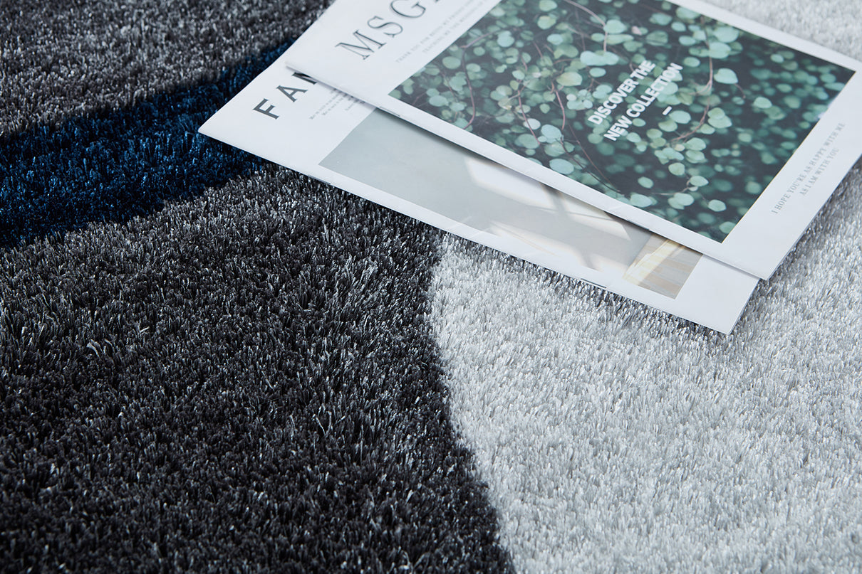 Aria Grey, Navy Blue and White Soft Pile Shaggy Area Rug