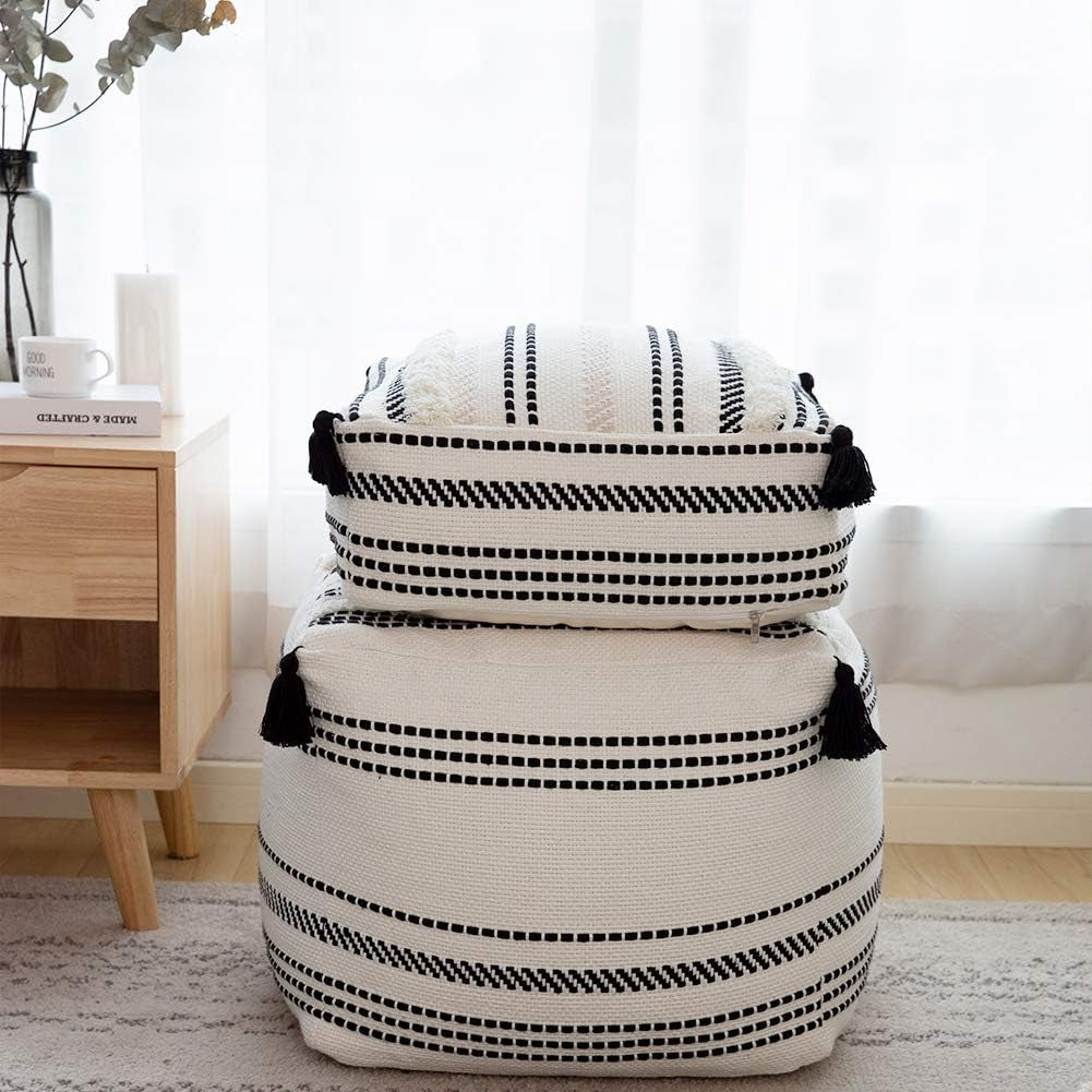 Unstuffed Ottoman Pouf, Square and Striped, Morocco Tufted Boho Foot Rest, Pouf Cover with Big Tassels, Decorative Stool for Bedroom and Living Room, (18X18X16 Inches, Black and Cream)