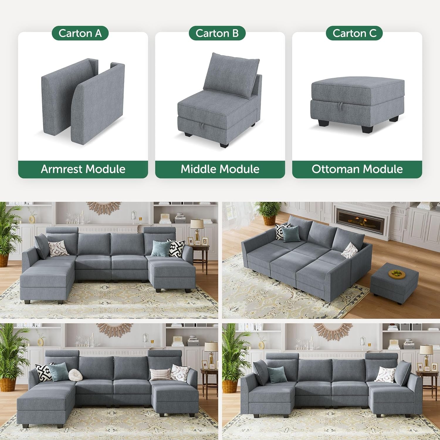 Modular Sectional Sofa U Shaped Sectional Couch with Reversible Chaise Modular Couch with Storage, Bluish Grey