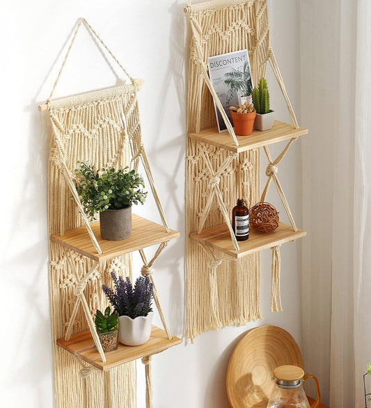 Macrame Wall Hanging Shelf Set of 2 Macrame Shelves Handmade Decorative Floating Boho Shelf-Plant Shelf Display Rack to Organize and Decor for Living Room, Bedroom, Bathroom (10" W/2 Tier)