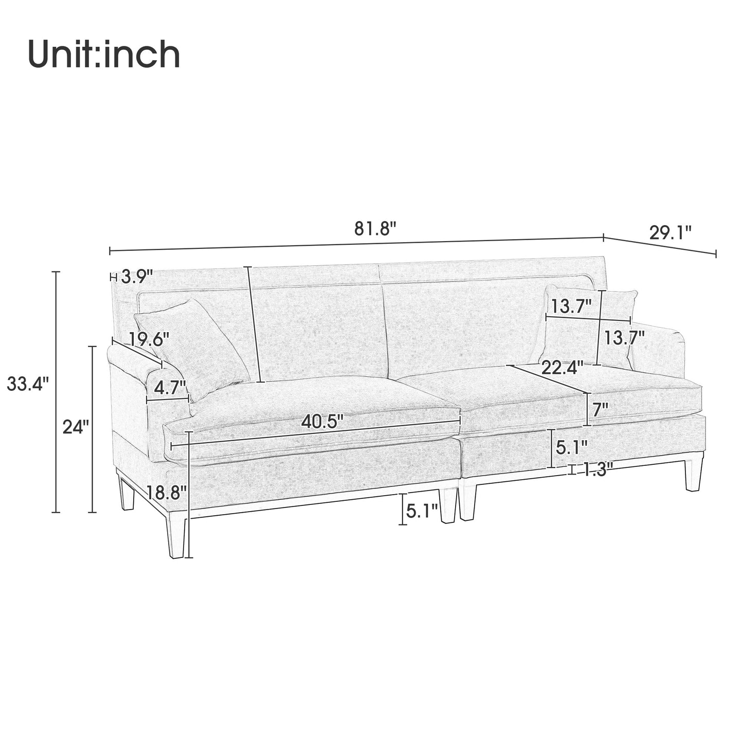 Upholstered Country Style Sofa with Wooden Legs and Two Throw Pillows