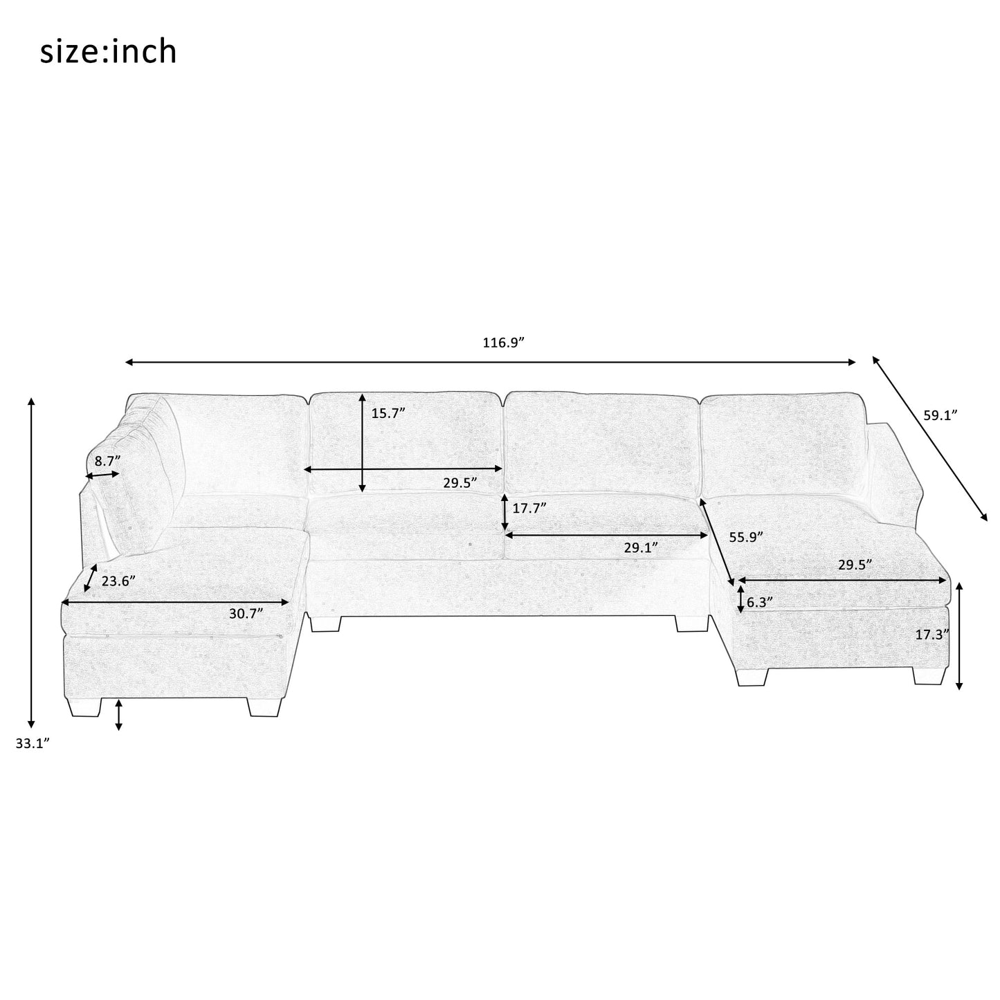 Modern Large  U-Shape Sectional Sofa, Double Extra Wide Chaise Lounge