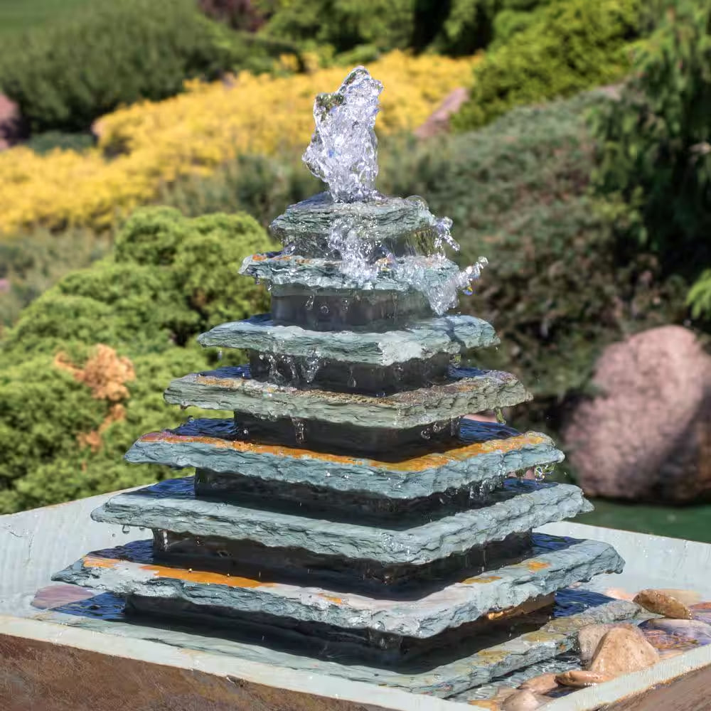 40 In. Layered Slate Pyramid Outdoor Cascading Water Fountain with LED Light