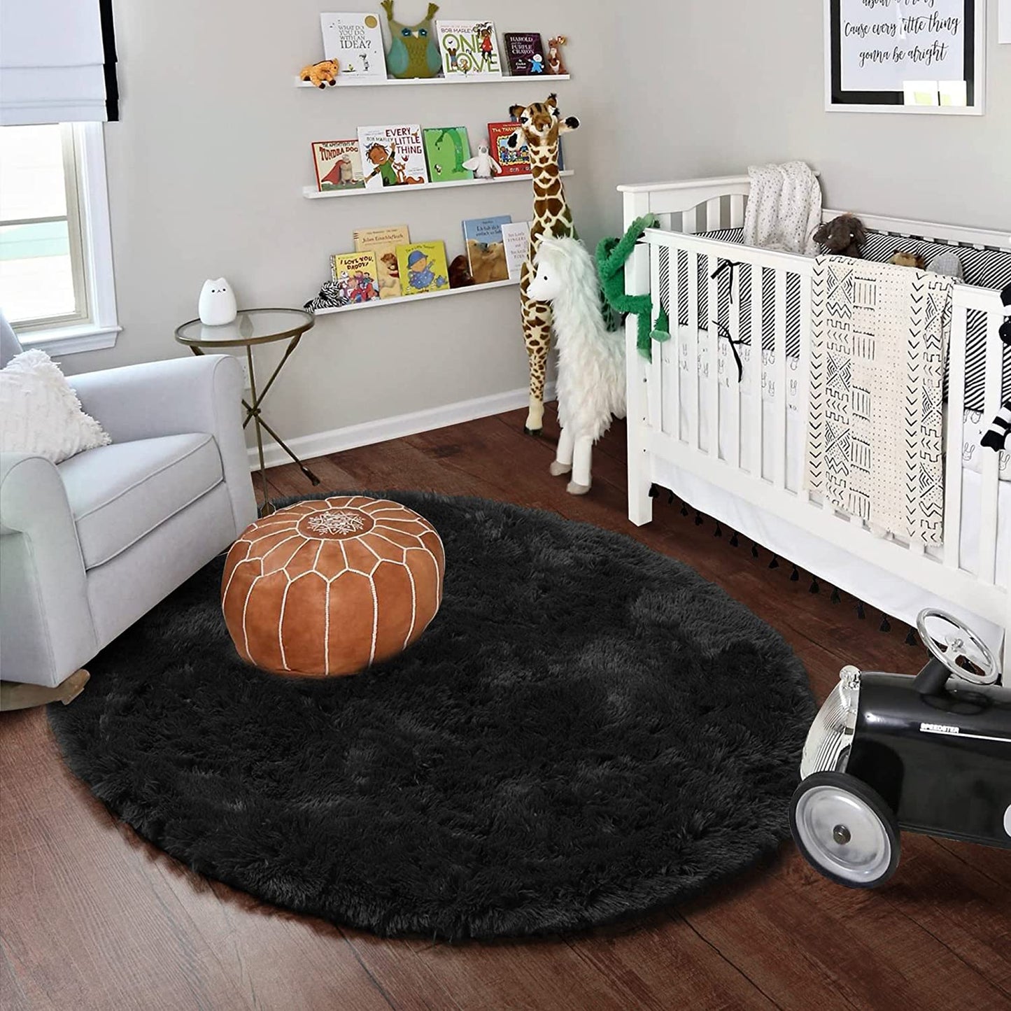 Black round Area Rug 6X6, Ultra Soft Bedroom Circle Rugs for Kids Girls Boys Teen Room, Fluffy Plush Shaggy Carpet Floor Mats for Baby Nursery Living Room Playroom Dorm Home Decor