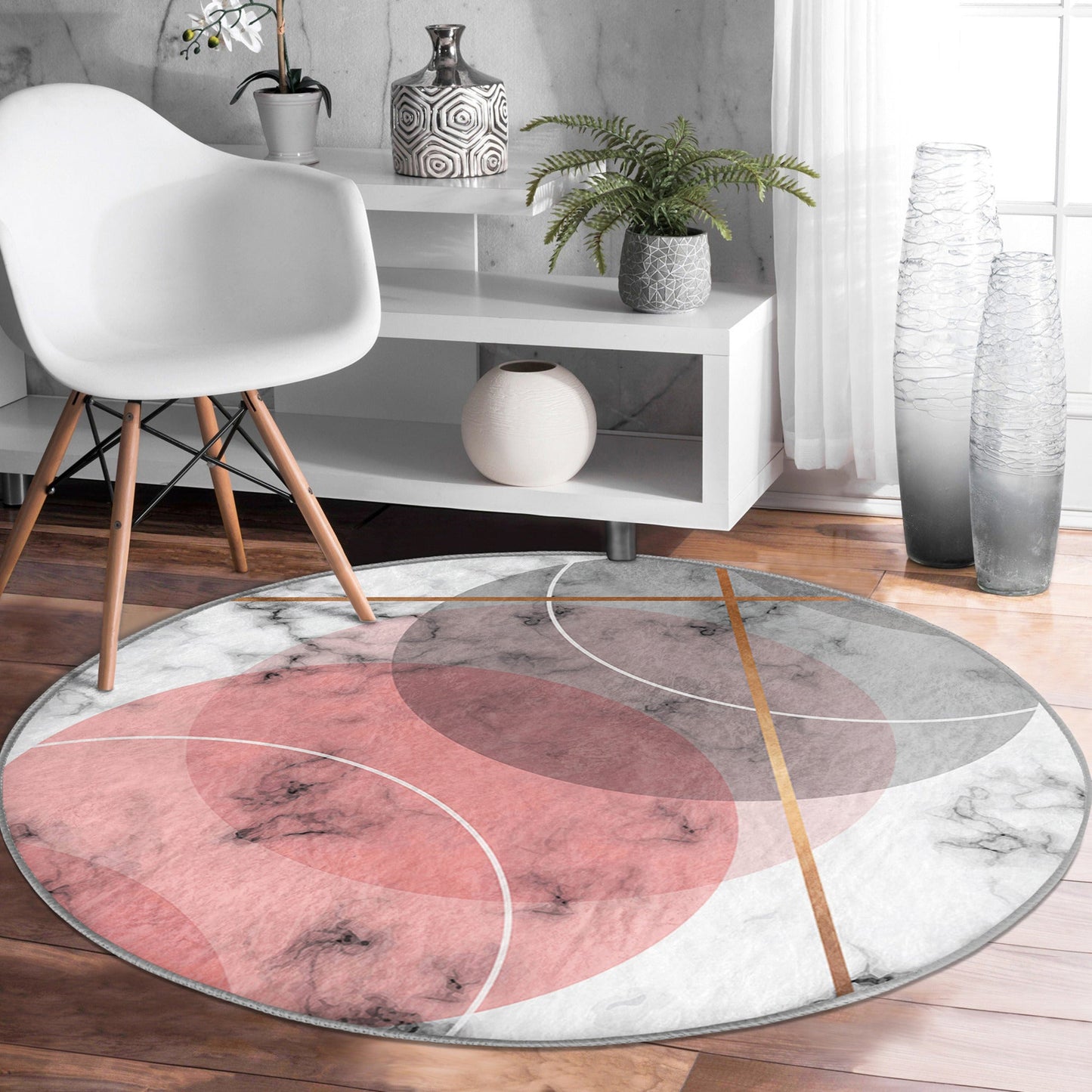 Abstract Living Room Round Rug, Decorative Minimalist Circle Carpet,