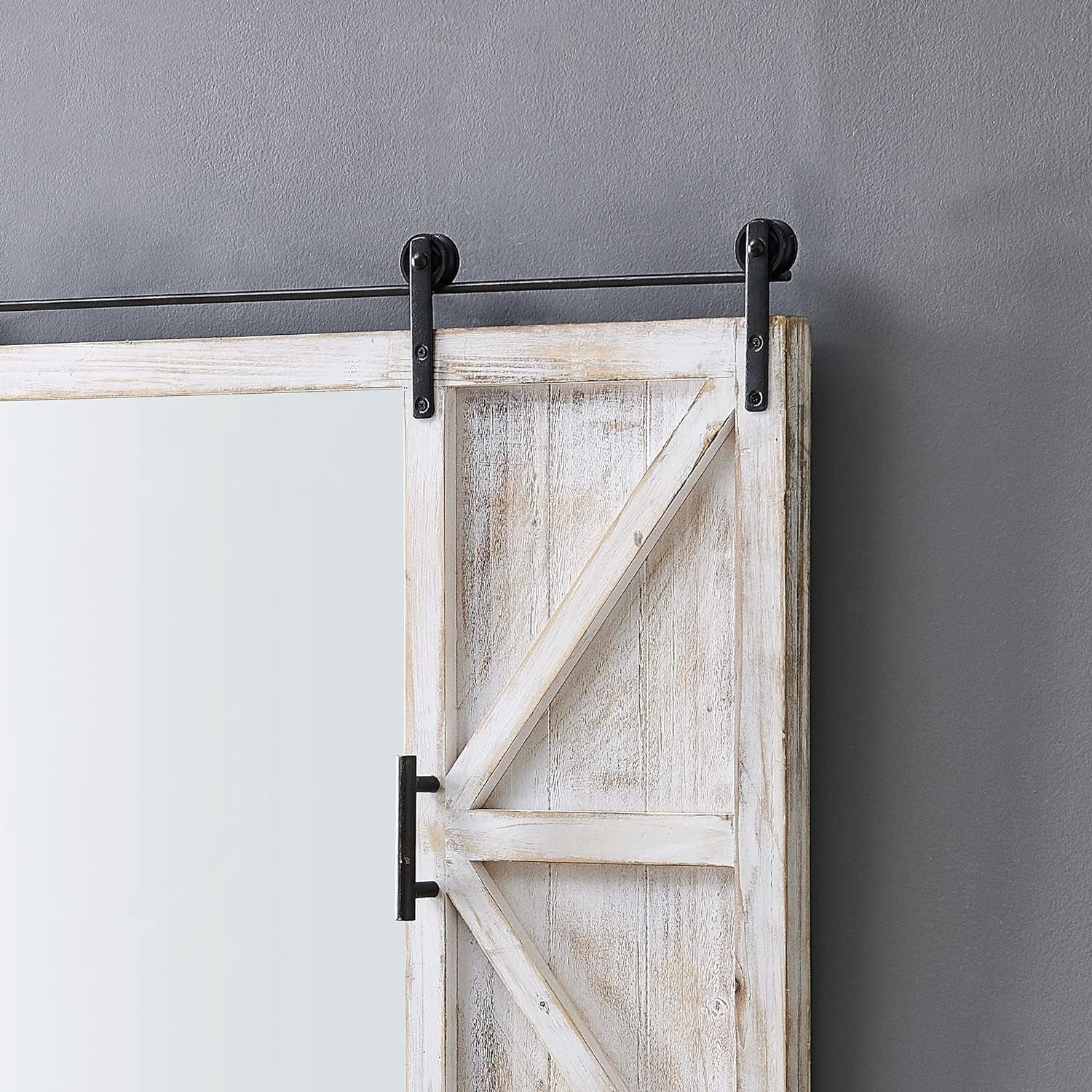 White Hayloft Barn Door Wall Mirror, Large Vintage Decor for for Bedroom, Bathroom Vanity, Wood, Farmhouse, 36 X 26 Inches