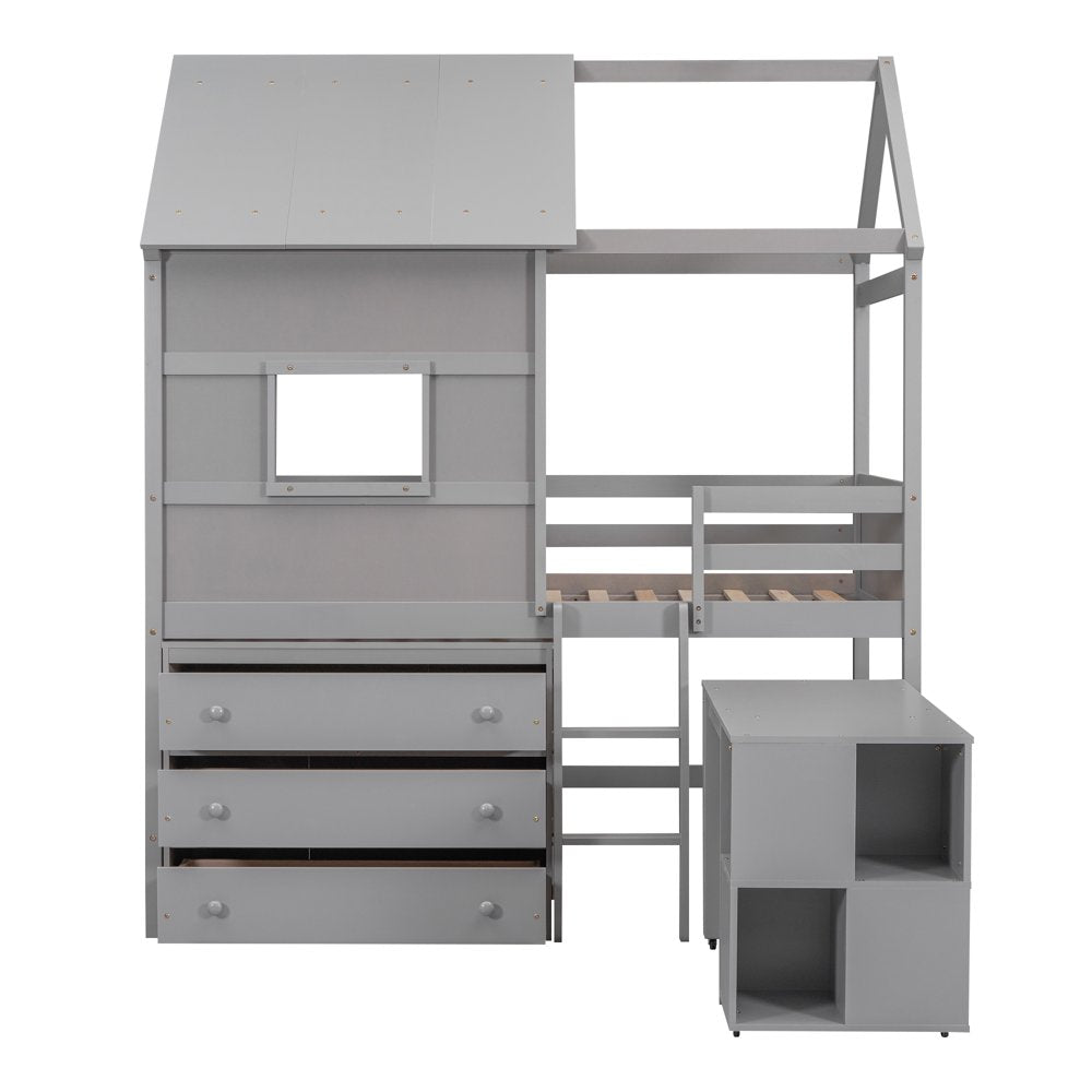 Wood Twin Size Loft Bed with Movable Desk for Kids, Low Profile Loft Bed with Storage Shelf and Drawers for Kids Teens Adults, House Bed with Roof and Window, Gray