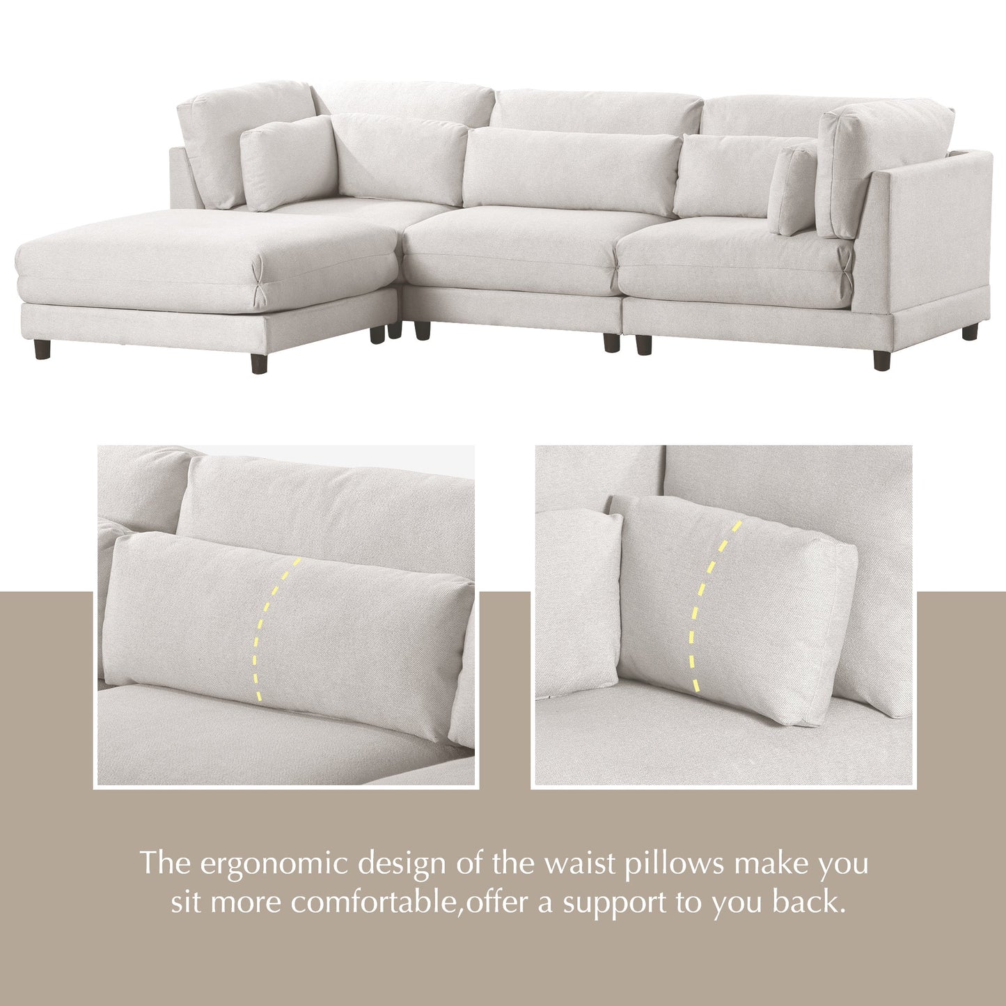 2 Pieces L shaped Sofa with Removable Ottomans and comfortable waist