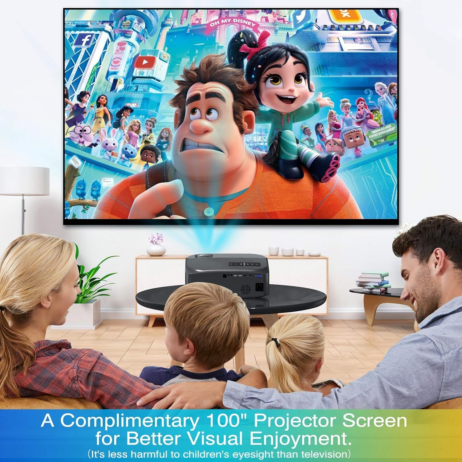 Video Projector Native 1080P/300" Supported,  Outdoor Projector with 100"Movie Projector Screen, 100,000H Lamp Life Home Theater Projector Compatible with Phone/Tv Stick/Pc/Ps4/Dvd/Hdmi/Usb