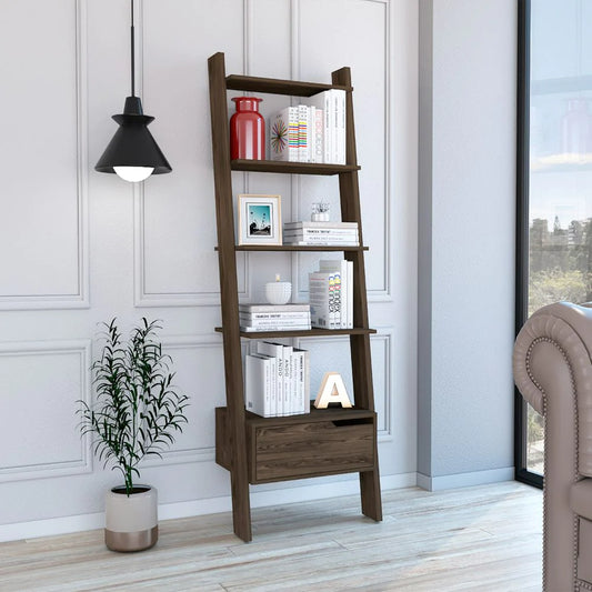 Ladder Bookcase Bull, One Drawer, Five Open Shelves, Dark Walnut Finish