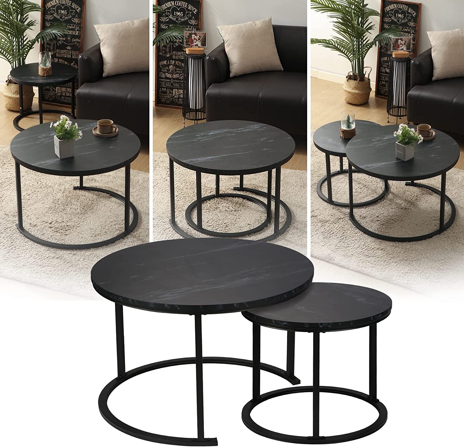 Small round Nesting Coffee Table 27" Wood and Metal Stacking Coffee Tables for Compact Spaces, Black/White