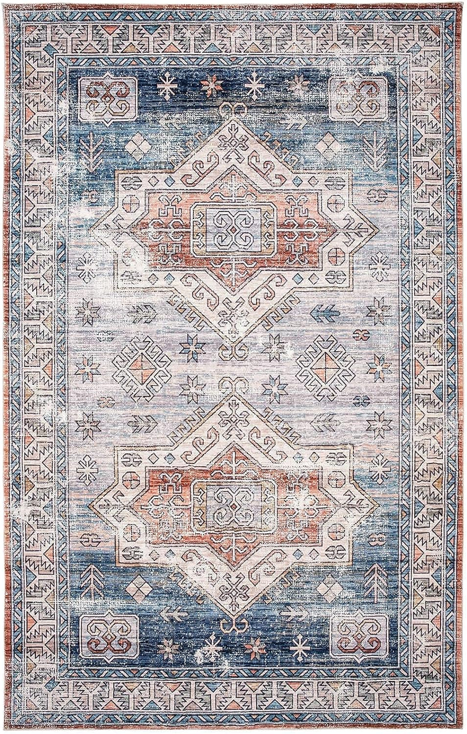 Area Rug, Carpet Area Persian Rugs, Rug for Room Soft, Bedside Rug for Bedroom Rug, Living Room Rug, Traditional Vintage Distressed Area Rug, 5X8 Blue Multi Medallion Rug