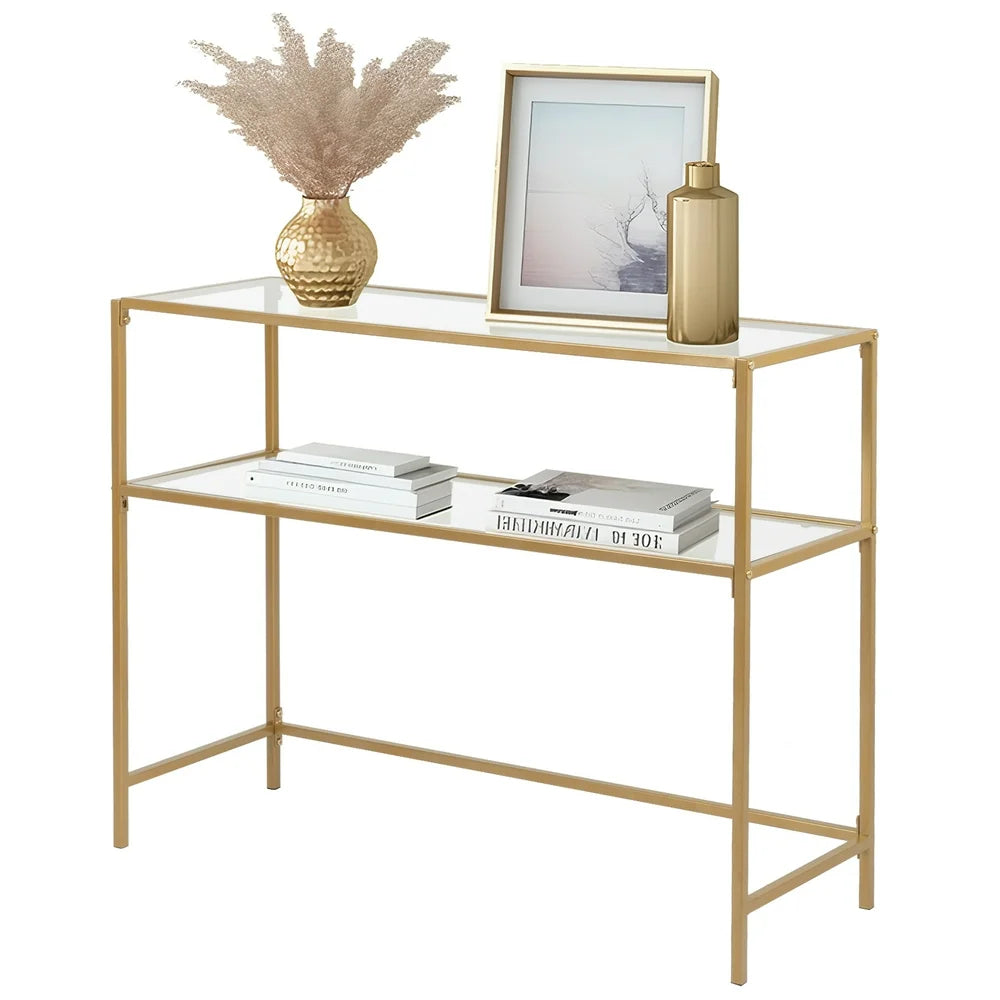 2-Tier Glass Console Sofa Table, Modern Entryway Living Room Table with Tempered Glass Shelf Accent Table for Home Decor, Gold