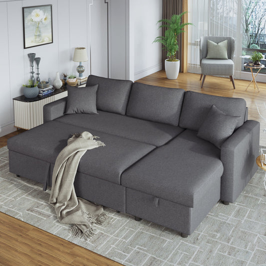 Upholstery  Sleeper Sectional Sofa Grey with Storage Space, 2 Tossing