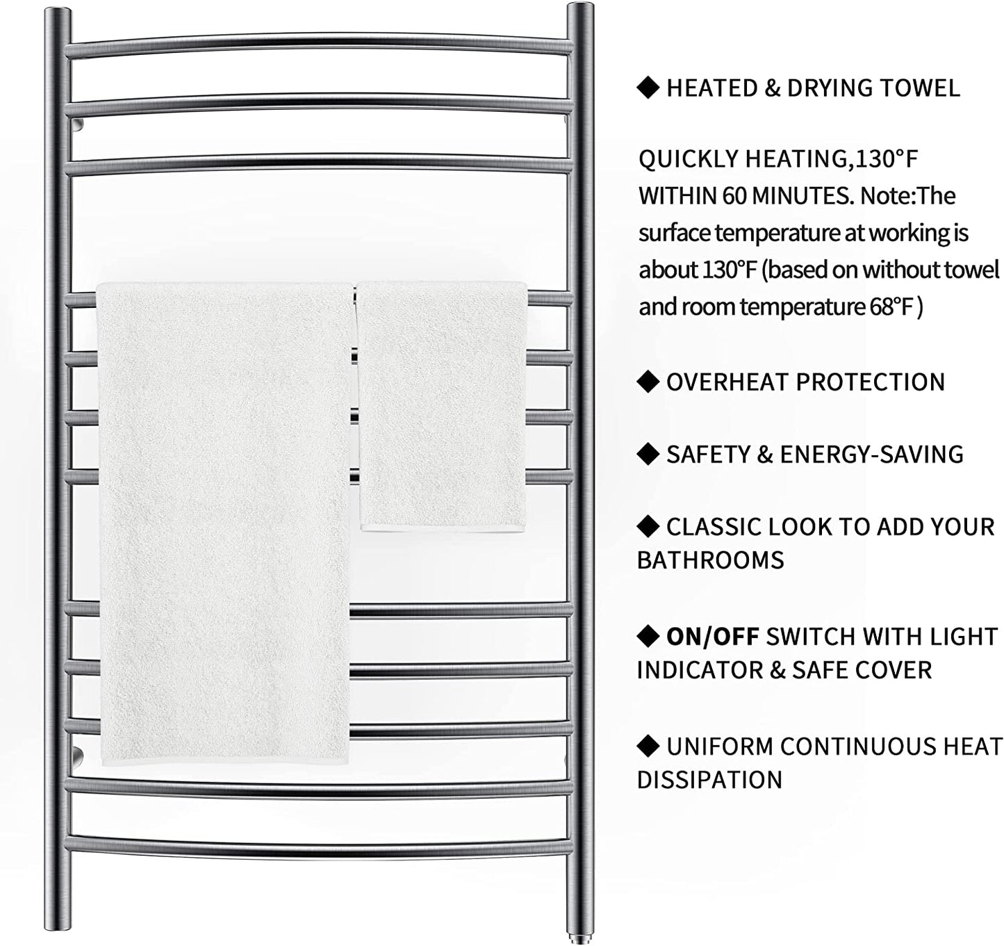 Towel Warmer Wall Mount Electric Plug-In/Hardwired Heated Towel Rack Brushed