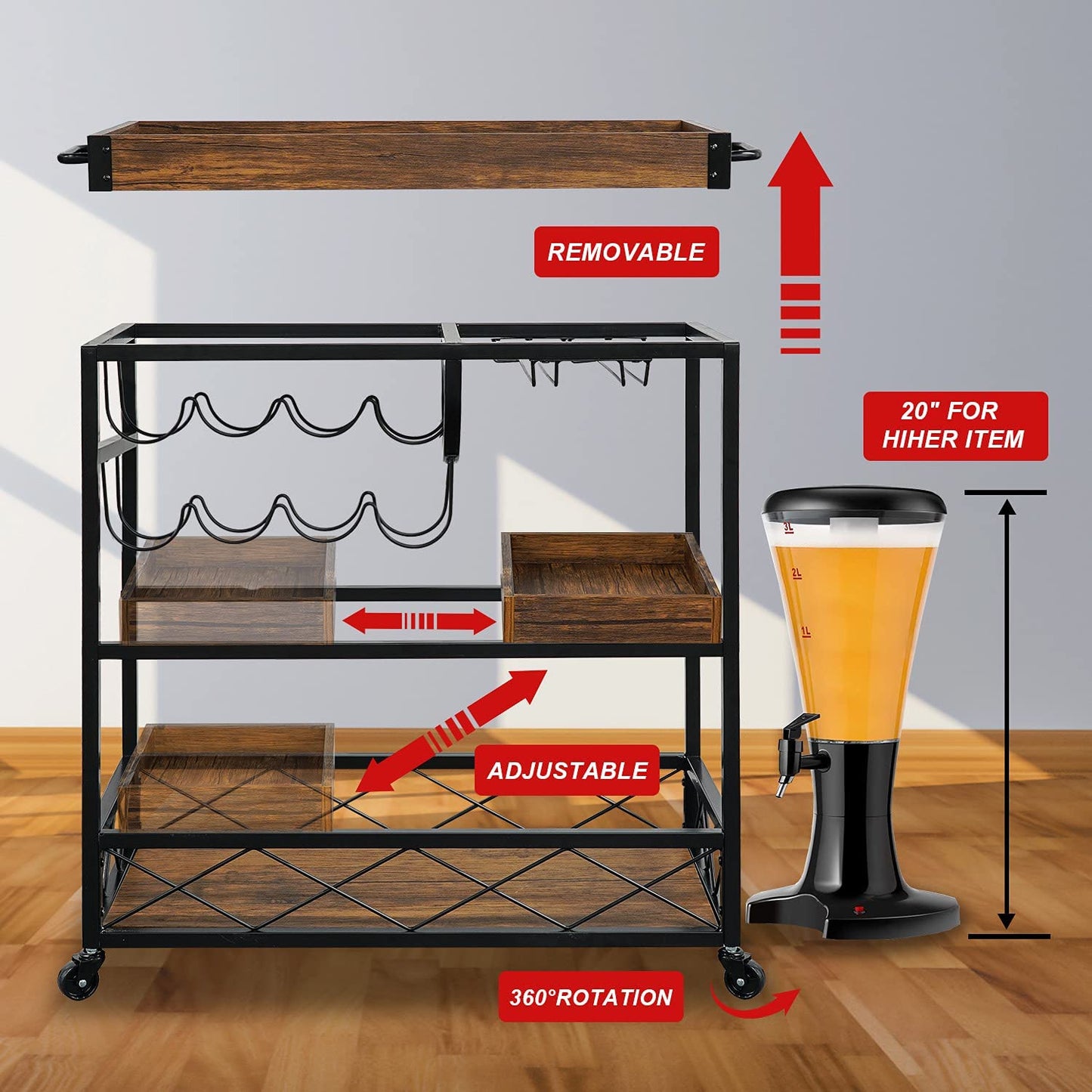 Bar Cart for the Home, 3 Tire Industrial Rolling Serving Cart on Lockable Wheels, Alcoholic Beverage Trolley with 2 Removable Trays, Wine Rack and Glass Holder for Indoor, Outdoor