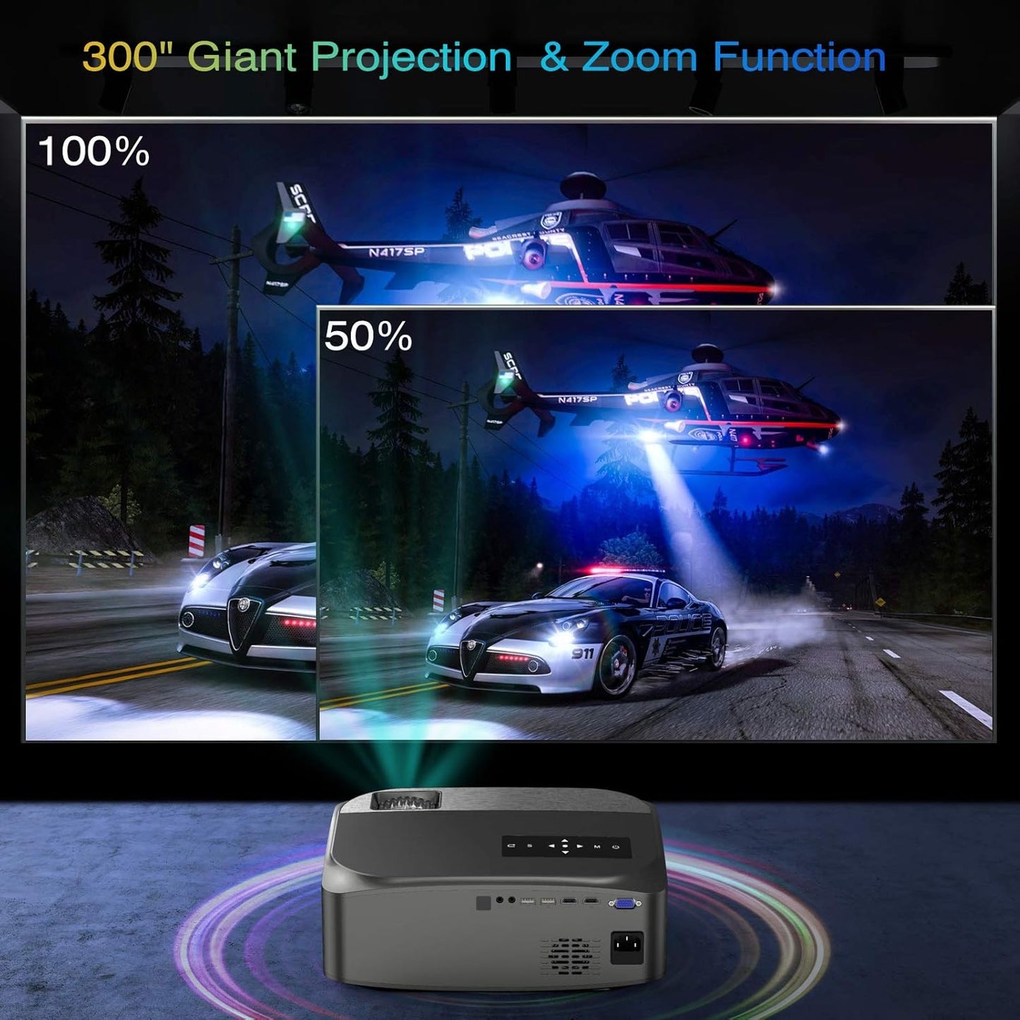 Video Projector Native 1080P/300" Supported,  Outdoor Projector with 100"Movie Projector Screen, 100,000H Lamp Life Home Theater Projector Compatible with Phone/Tv Stick/Pc/Ps4/Dvd/Hdmi/Usb