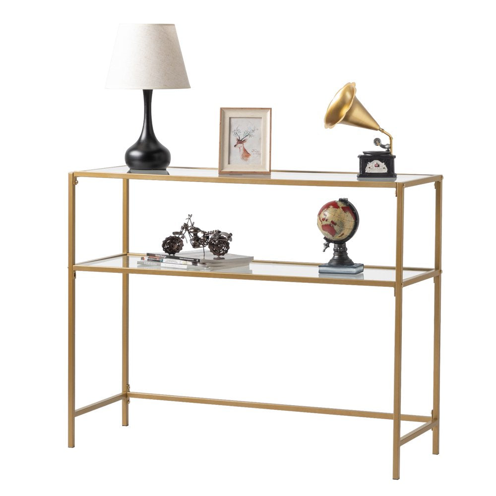 2-Tier Glass Console Sofa Table, Modern Entryway Living Room Table with Tempered Glass Shelf Accent Table for Home Decor, Gold