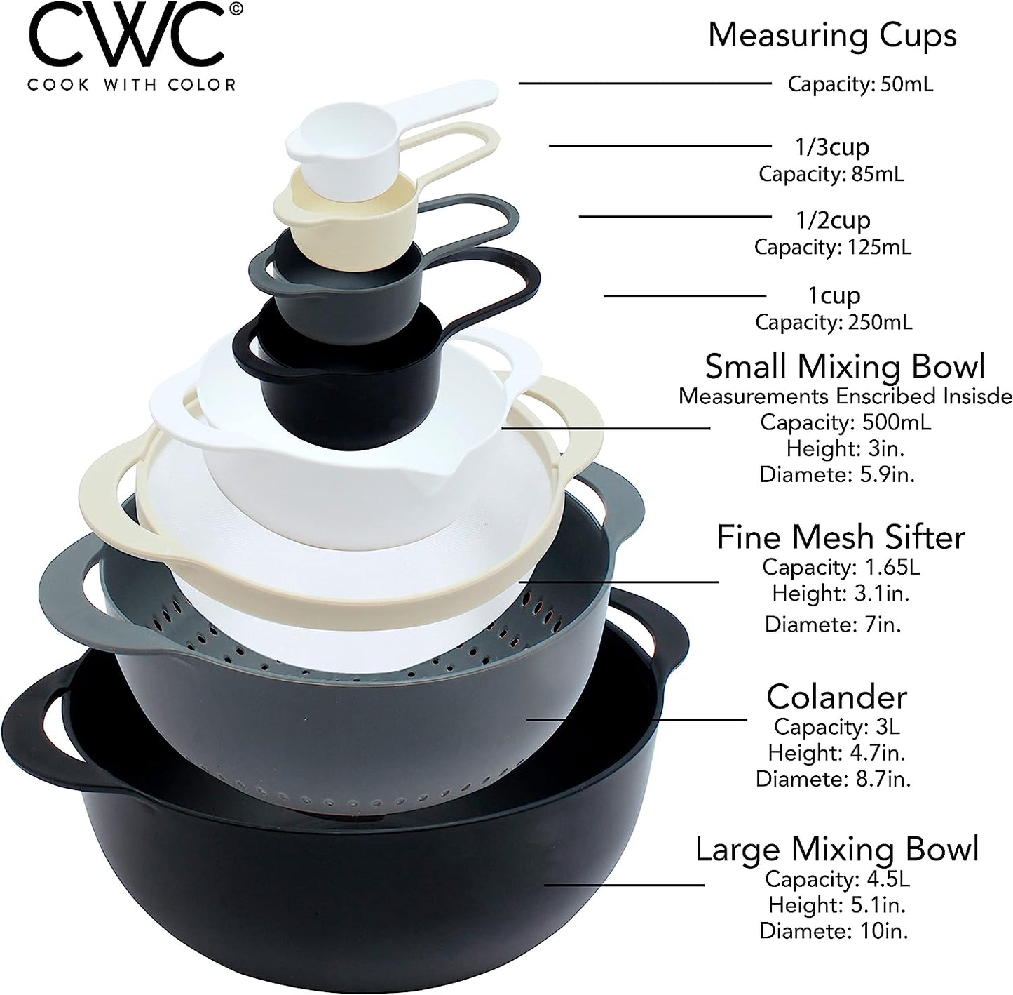 8 Piece Nesting Bowls with Measuring Cups Colander and Sifter Set - Includes 2 Mixing Bowls, 1 Colander, 1 Sifter and 4 Measuring Cups, Black