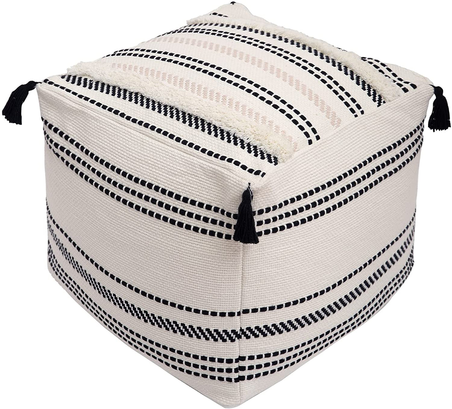 Unstuffed Ottoman Pouf, Square and Striped, Morocco Tufted Boho Foot Rest, Pouf Cover with Big Tassels, Decorative Stool for Bedroom and Living Room, (18X18X16 Inches, Black and Cream)