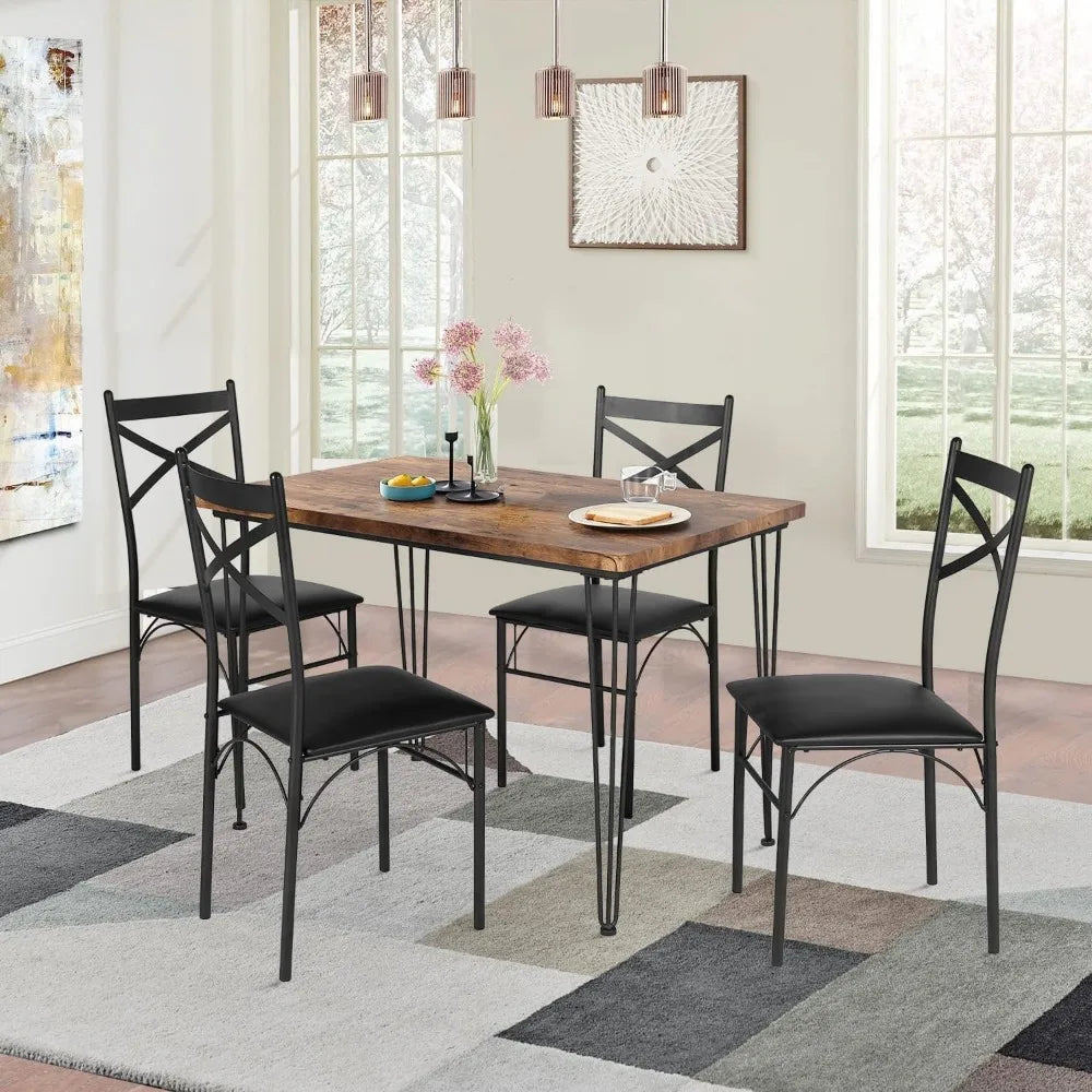 5-Piece Set for Home Kitchen Breakfast Nook, with 4 Chairs, Black, Dining Table for 4, Retro Brown