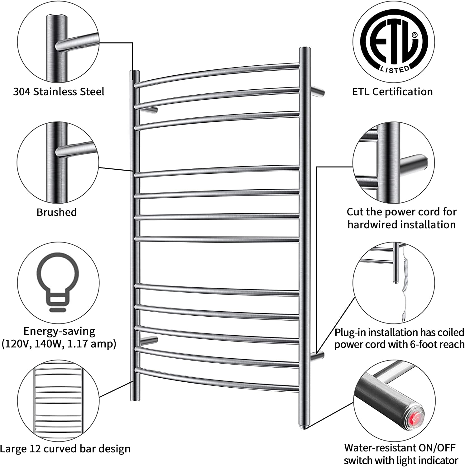 Towel Warmer Wall Mount Electric Plug-In/Hardwired Heated Towel Rack Brushed