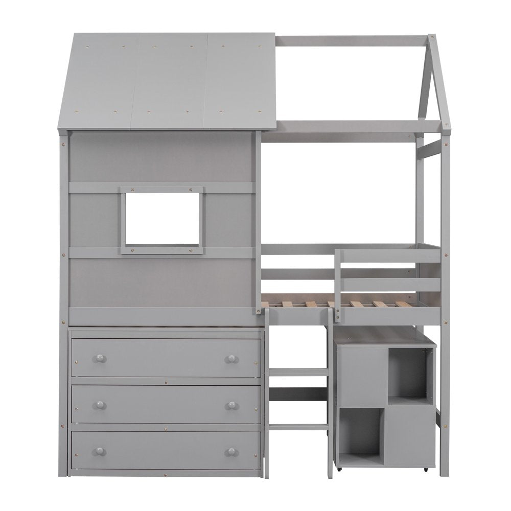 Wood Twin Size Loft Bed with Movable Desk for Kids, Low Profile Loft Bed with Storage Shelf and Drawers for Kids Teens Adults, House Bed with Roof and Window, Gray