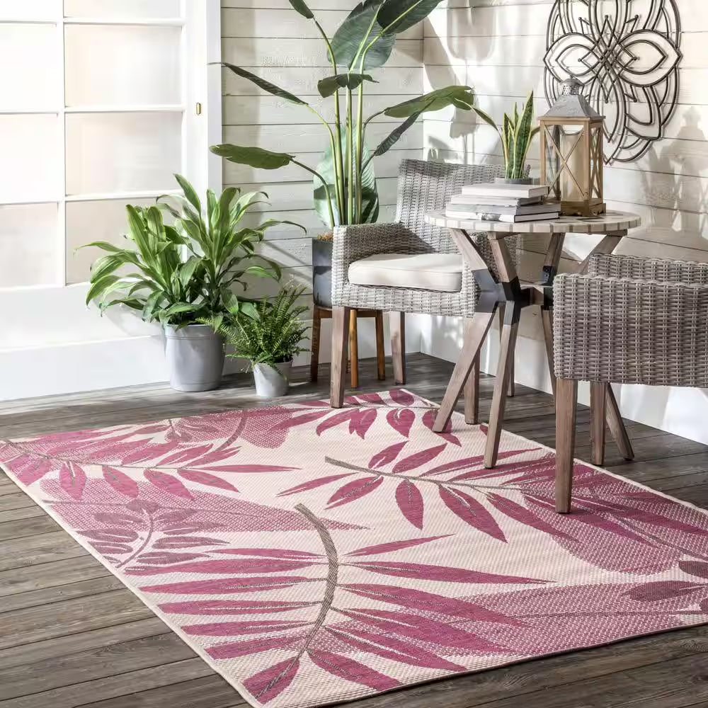 Trudy Art Deco Leaves Pink 6 Ft. 3 In. X 9 Ft. Indoor/Outdoor Patio Area Rug