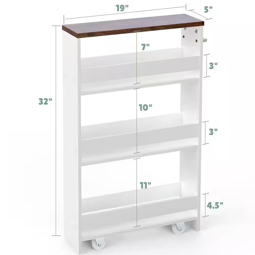 Rolling Kitchen White Slim Storage Cart Mobile Shelving Organizer with Handle