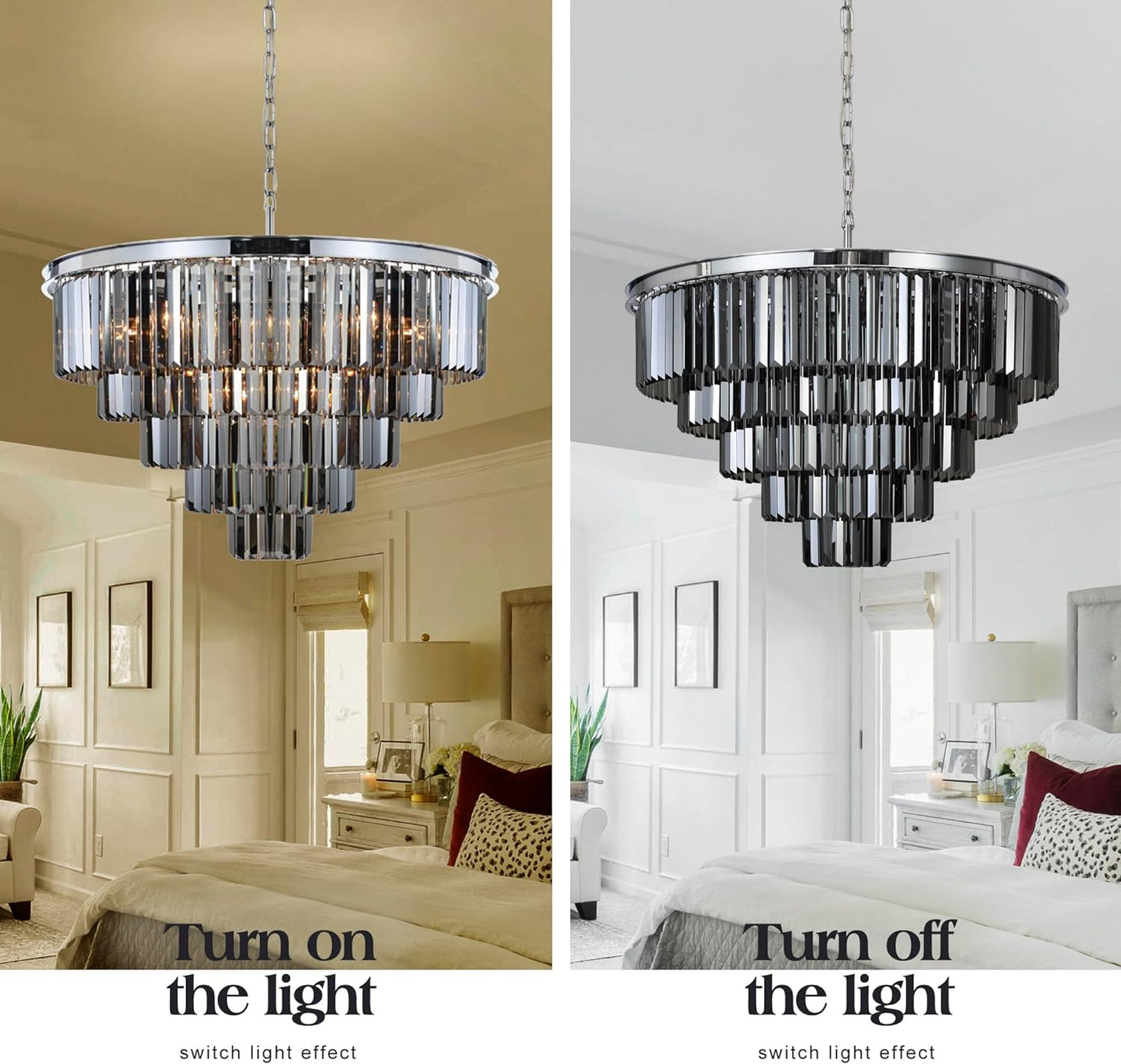 16Lights Smoke Crystal Chandelier Modern Chandeliers Lighting Pendant Ceiling Light Fixture 5-Tier for Dining Room Living Room Bedroom, Chrome Finished W31.5''