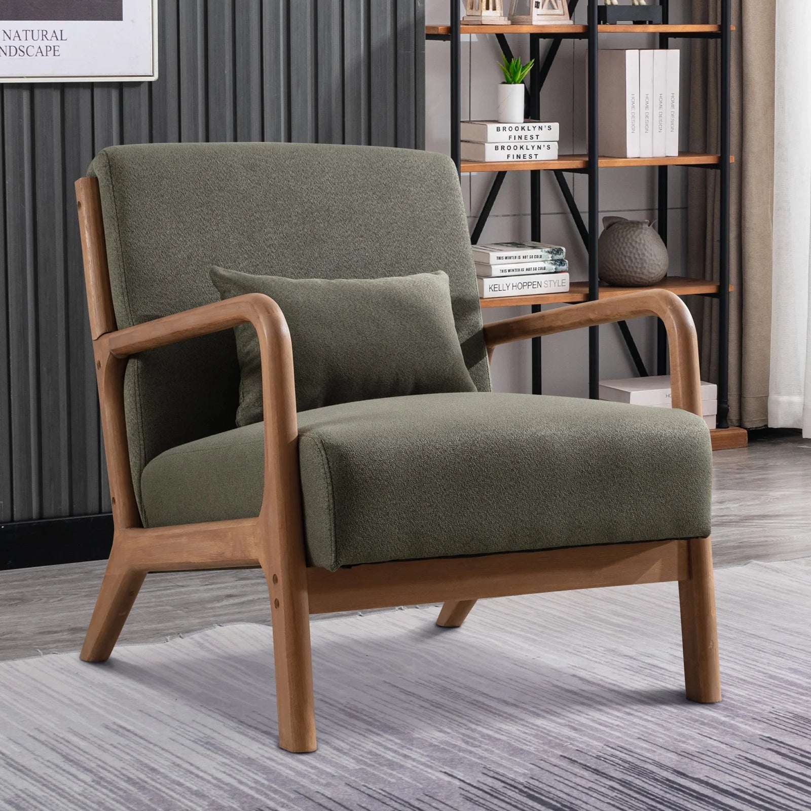 Mid Century Modern Accent Chair, Single Fabric Lounge Reading Armchair with Solid Wood Frame, Easy Assembly Arm Chairs for Living Room,Green