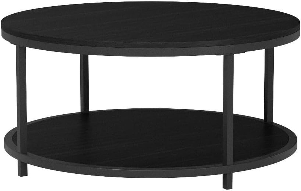 36 Inches round Coffee Table, Rustic Wooden Surface Top & Sturdy Metal Legs Industrial Sofa Table for Living Room Modern Design Home Furniture with Storage Open Shelf (Black)