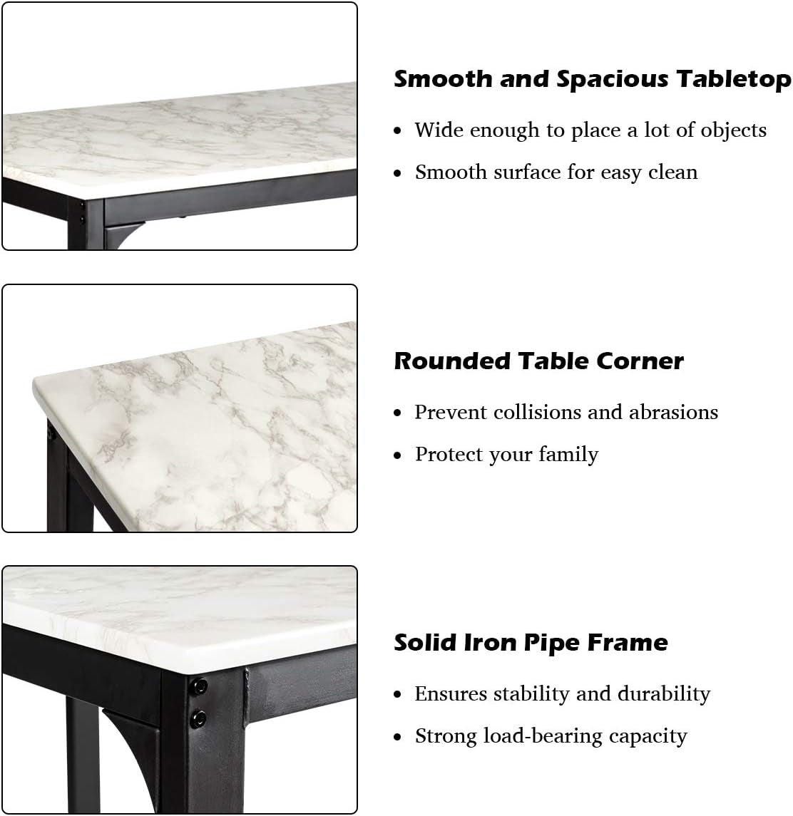 3 Pcs Dining Table and Chairs Set with Faux Marble Tabletop 2 Chairs Contemporary Dining Table Set for Home or Hotel Dining Room, Kitchen or Bar (White & Black)