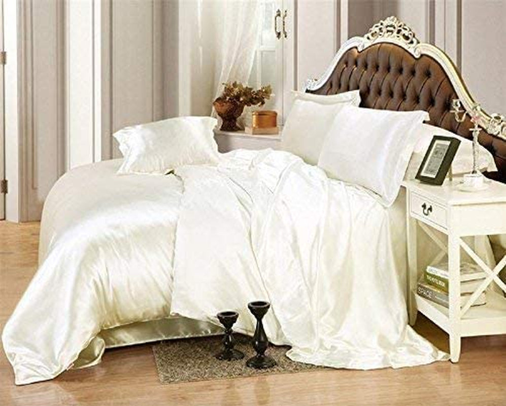 Bed Sheet Set - Hotel Luxury Ultra Soft Easy Care Silky Satin 4 Piece Bed Sheet Set with 15" Deep Pocket - Wrinkle Resistant - Queen, Ivory