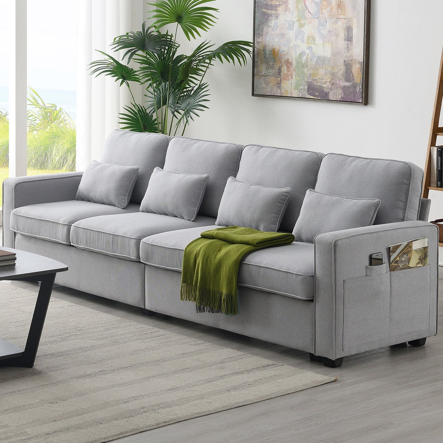 104" 4-Seater Modern Linen Fabric Sofa with Armrest Pockets and 4