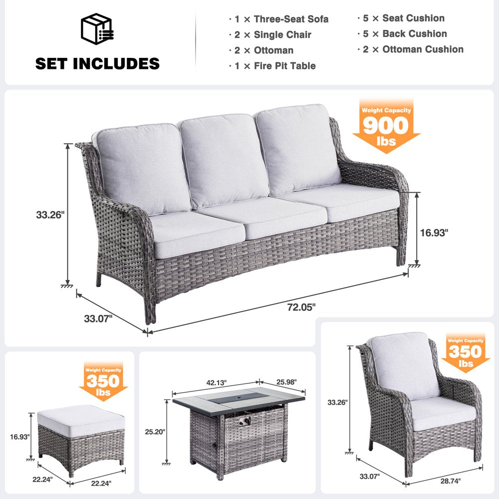 7 Seat Outdoor Patio Furniture Set with 42" Fire Table Wicker Conversation Set with Swivel Chair High Back Sectional Sofa for Balcony