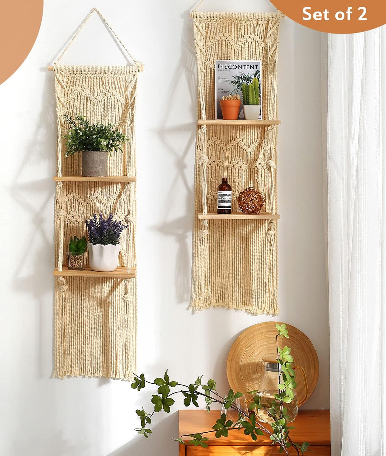 Macrame Wall Hanging Shelf Set of 2 Macrame Shelves Handmade Decorative Floating Boho Shelf-Plant Shelf Display Rack to Organize and Decor for Living Room, Bedroom, Bathroom (10" W/2 Tier)