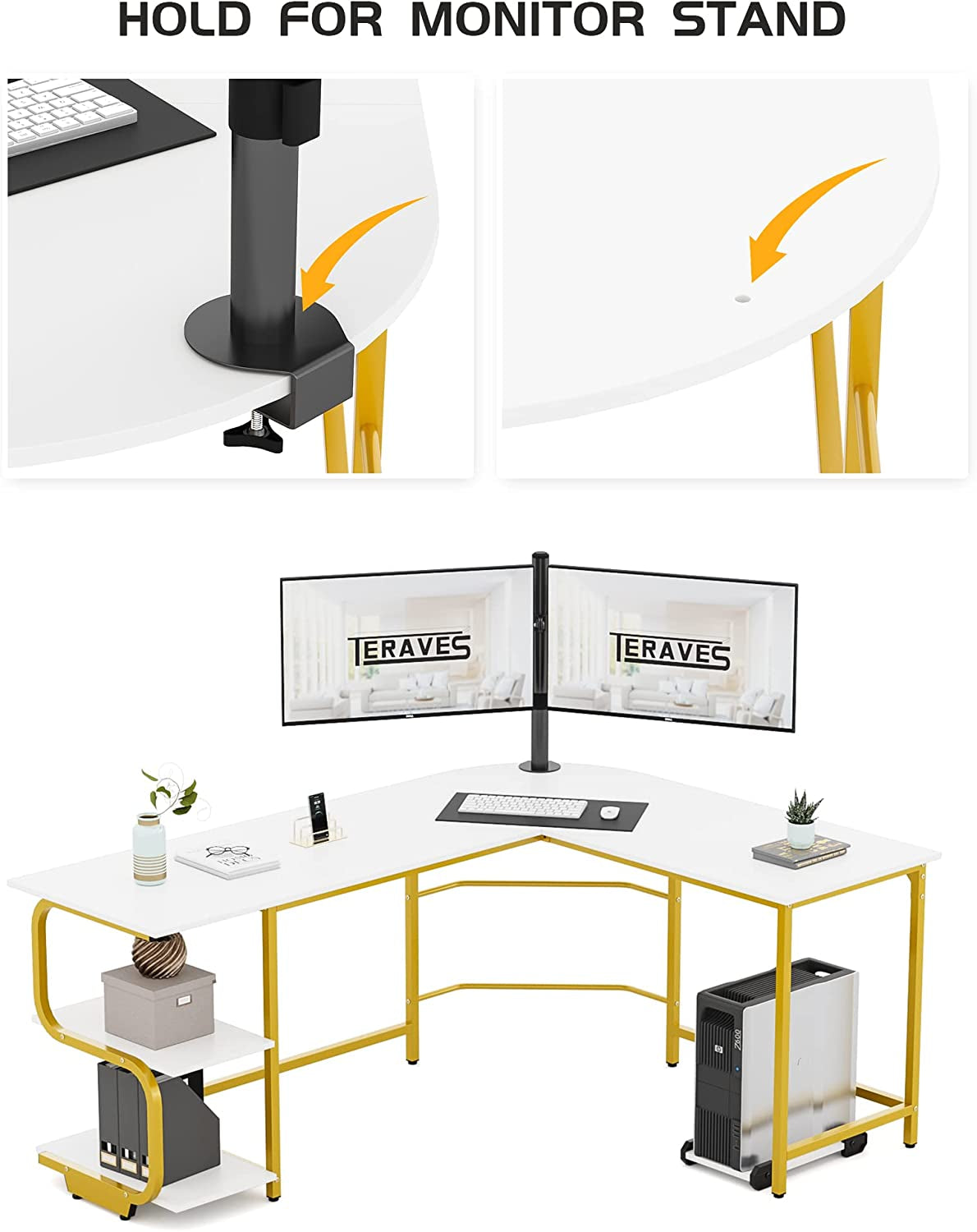 Reversible L Shaped Desk with Shelves 61“ Computer Desk Gaming Desk for Home Office Corner Office Desk for Small Space