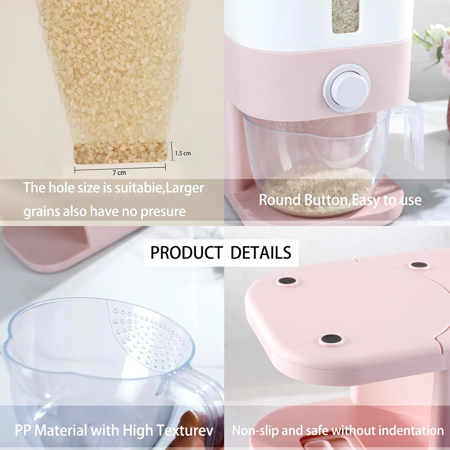 25 Lbs Pink Rice Dispenser, Plastic Food Storage Container, Large Rice Container with Lid, Moisture Proof Household Cereal Dispenser Bucket, Sealed Grain Container Storage for Kitchen