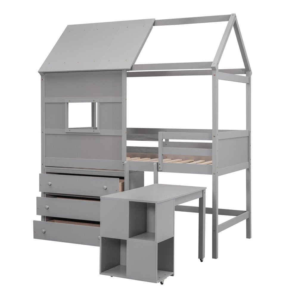 Wood Twin Size Loft Bed with Movable Desk for Kids, Low Profile Loft Bed with Storage Shelf and Drawers for Kids Teens Adults, House Bed with Roof and Window, Gray