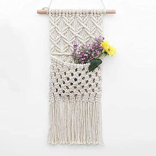 Macrame Flowers Storage Key Organizer Mail Holder Cotton Woven Hanging Pocket Boho Wall Decor Art,11"W X 19.6"L