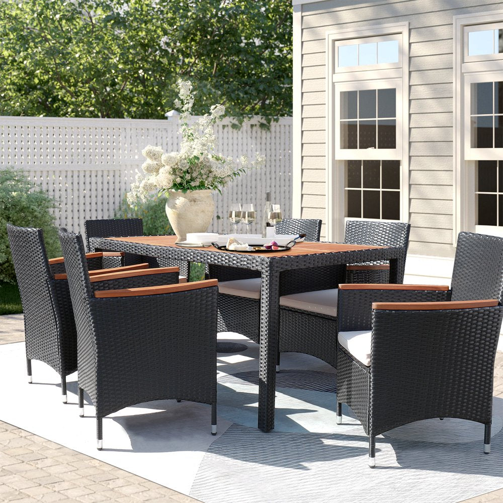 7 Pieces Outdoor Patio Dining Set with PE Rattan Wicker Dining Table and Chairs Acacia Wood Tabletop, Curved Wood Armrest Chairs with Cushions