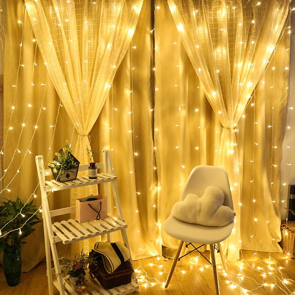 String Lights Curtain,8 Modes Window Curtain Lights with Remote,200 LED 9.8Ft X 6.6Ft Twinkle Fairy Lights for Christmas Bedroom Party Wedding Wall Decoration（Warm White）