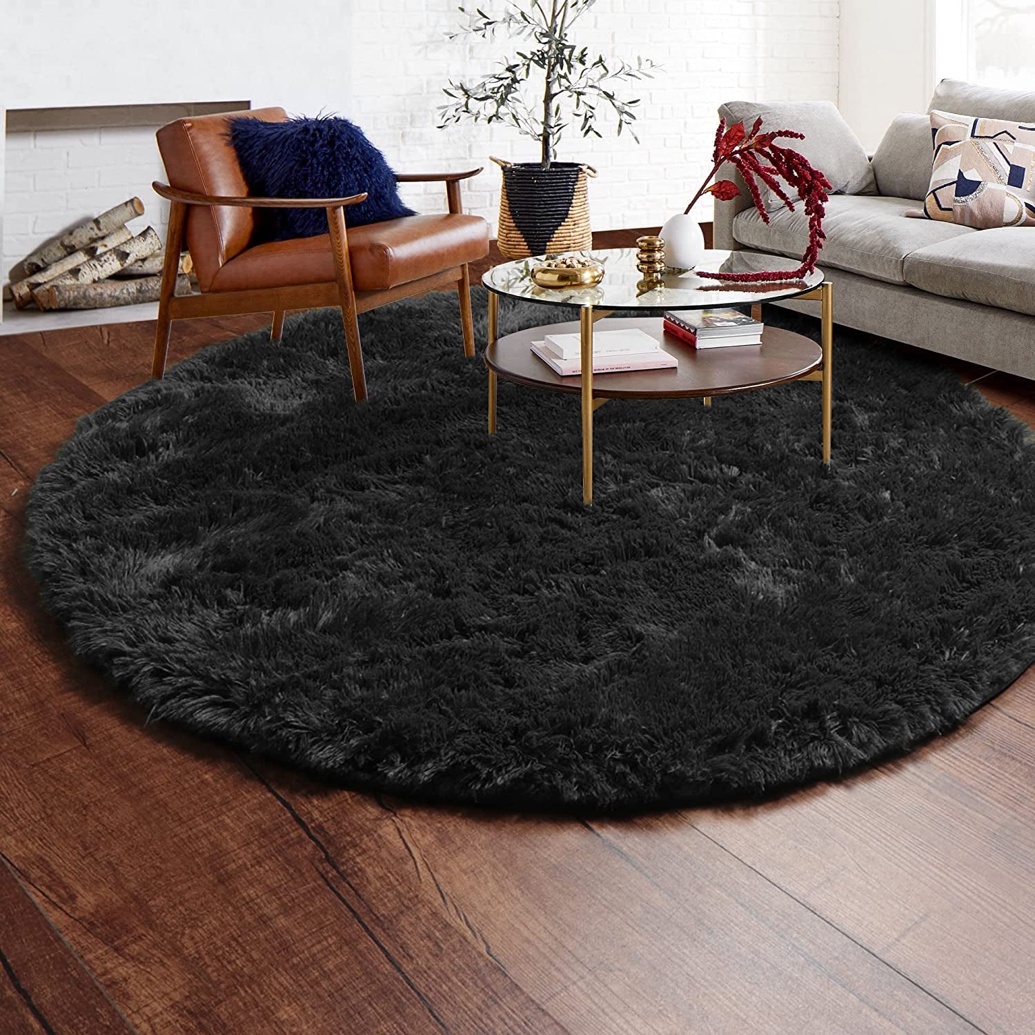 Black round Area Rug 6X6, Ultra Soft Bedroom Circle Rugs for Kids Girls Boys Teen Room, Fluffy Plush Shaggy Carpet Floor Mats for Baby Nursery Living Room Playroom Dorm Home Decor