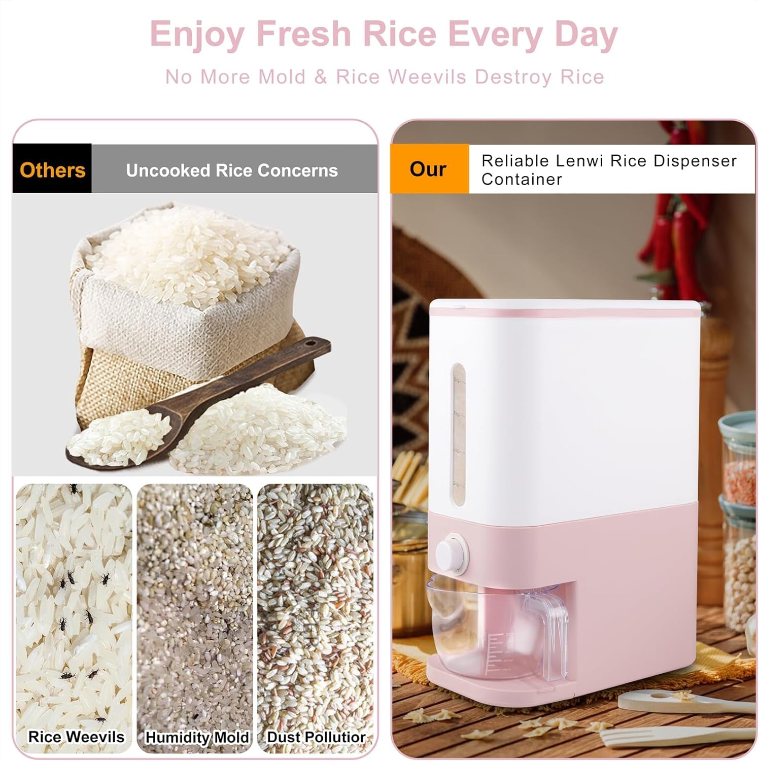 25 Lbs Pink Rice Dispenser, Plastic Food Storage Container, Large Rice Container with Lid, Moisture Proof Household Cereal Dispenser Bucket, Sealed Grain Container Storage for Kitchen