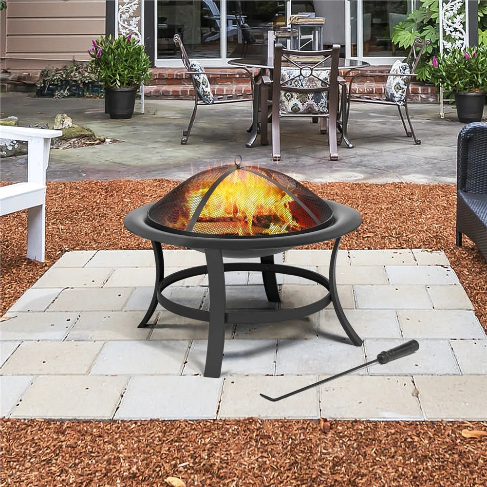 29'' round Iron Fire Pit with Spark Screen Fire Poker, Black