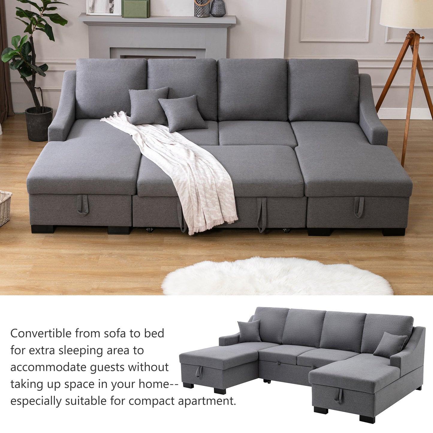 Upholstery Sleeper Sectional Sofa with Double Storage Spaces, 2