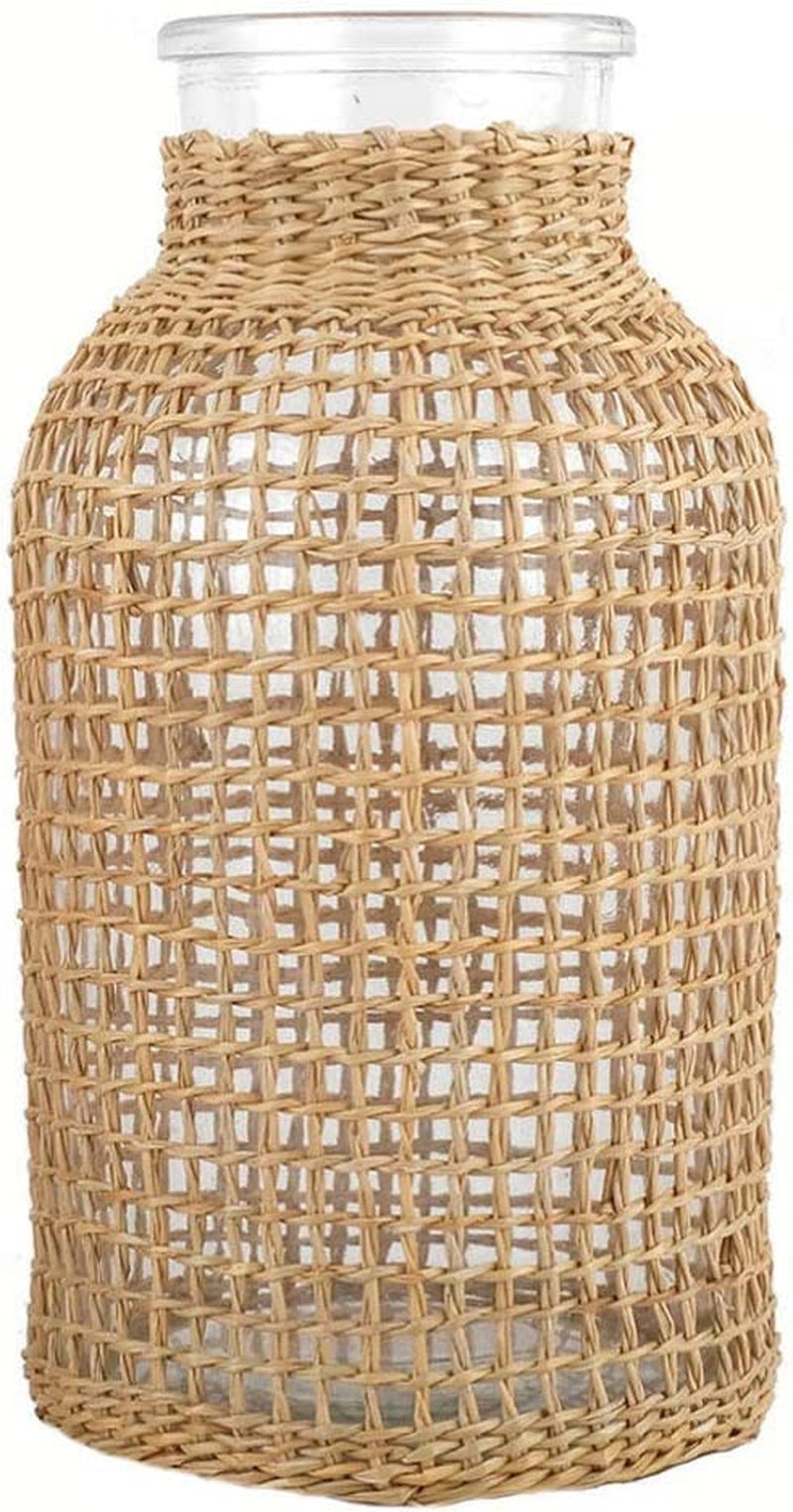 Boho Glass Flower Vase with Rattan Cover, Farmhouse Flower Bud Vase, round Decorative Flower Vase Floral Container Flower Bottle for Floral Arrangements Housewarming Party Home Decor（S）